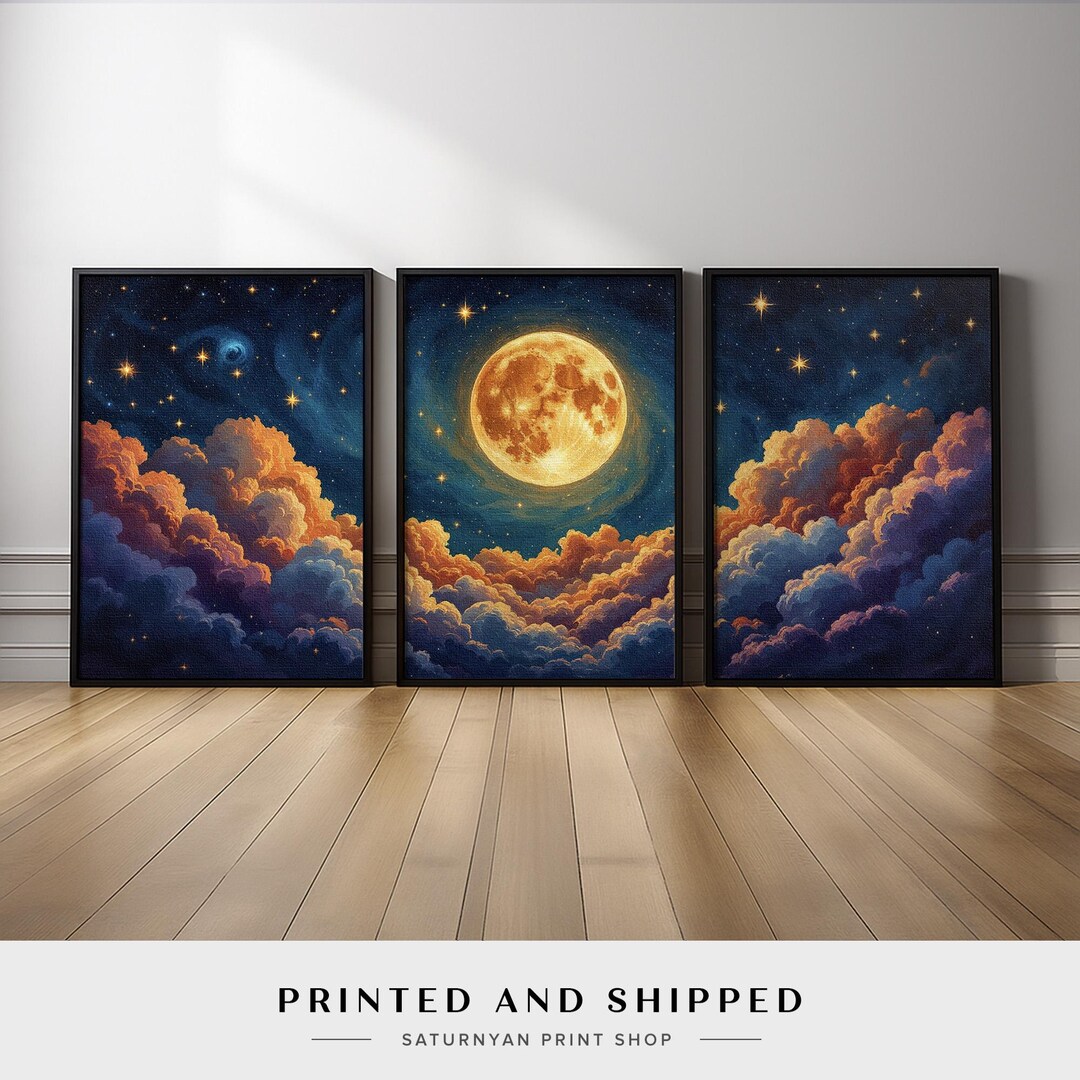 Night Sky Wall Art Set of 3 | Glowing Full Moon and Cloudscape Canvas ...