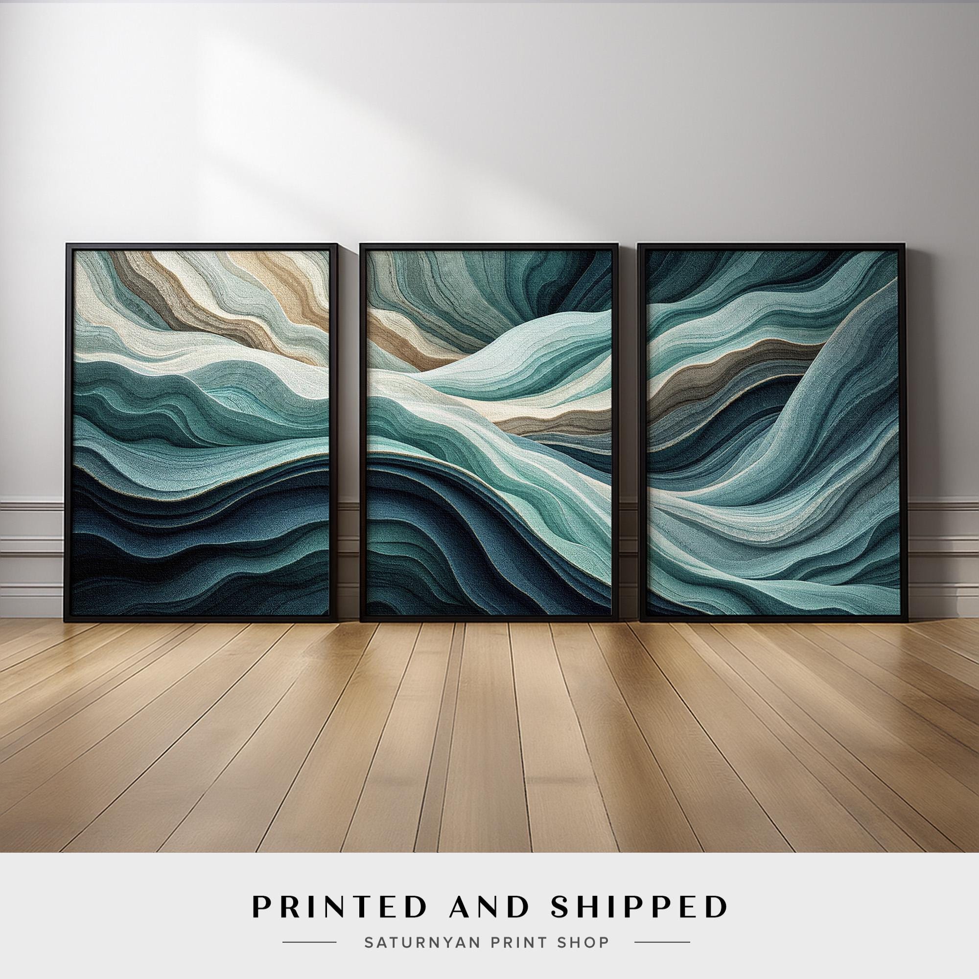 Abstract Wall Art Set of 3 | Neutral Blue Teal and Beige Canvas Prints ...