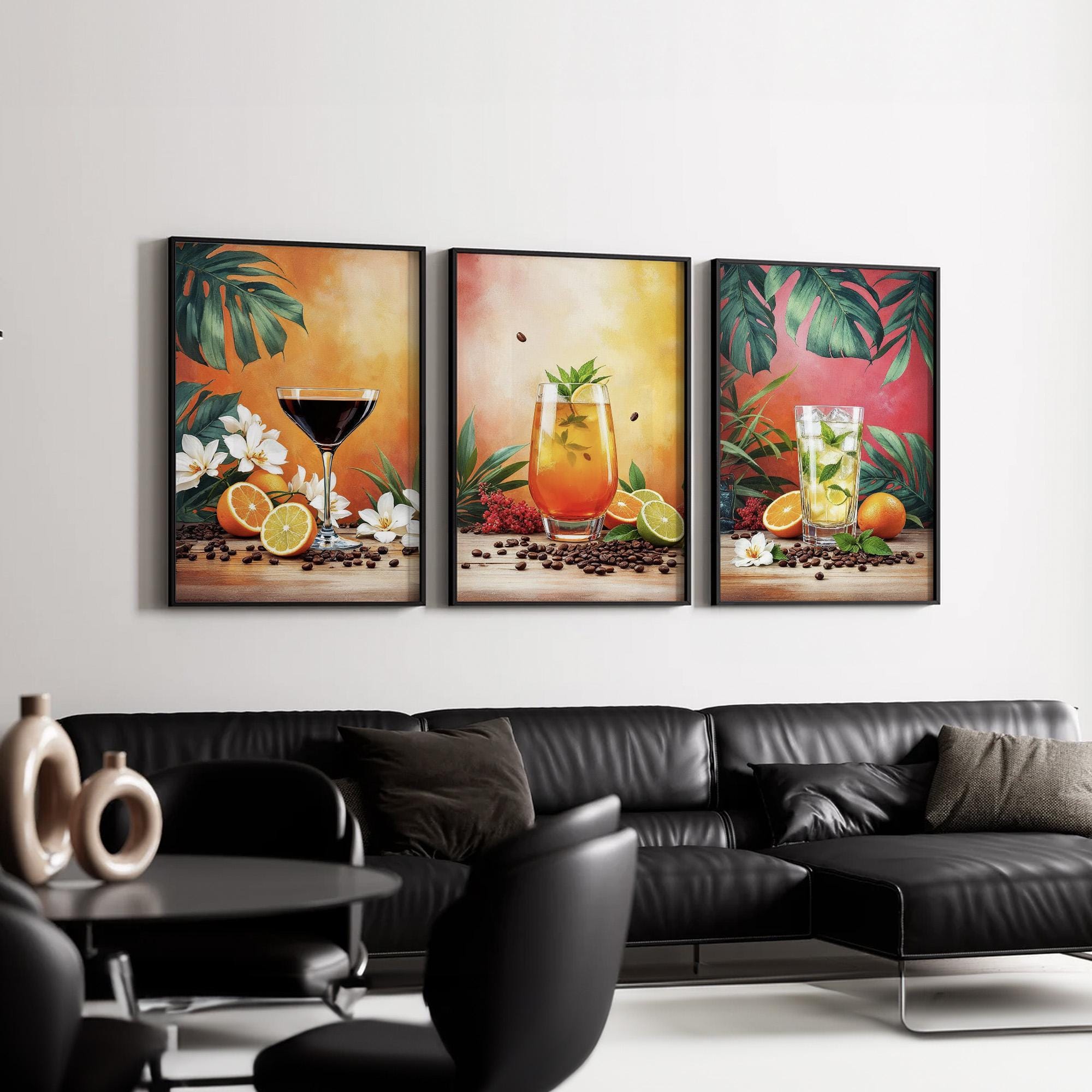 Tropical Cocktail Wall Art Set of 3 | Vibrant Fruit and Drink