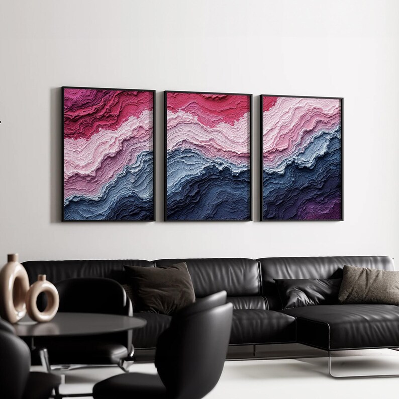 Pink and Navy Abstract Wall Art Triptych | Geology Inspired Canvas ...