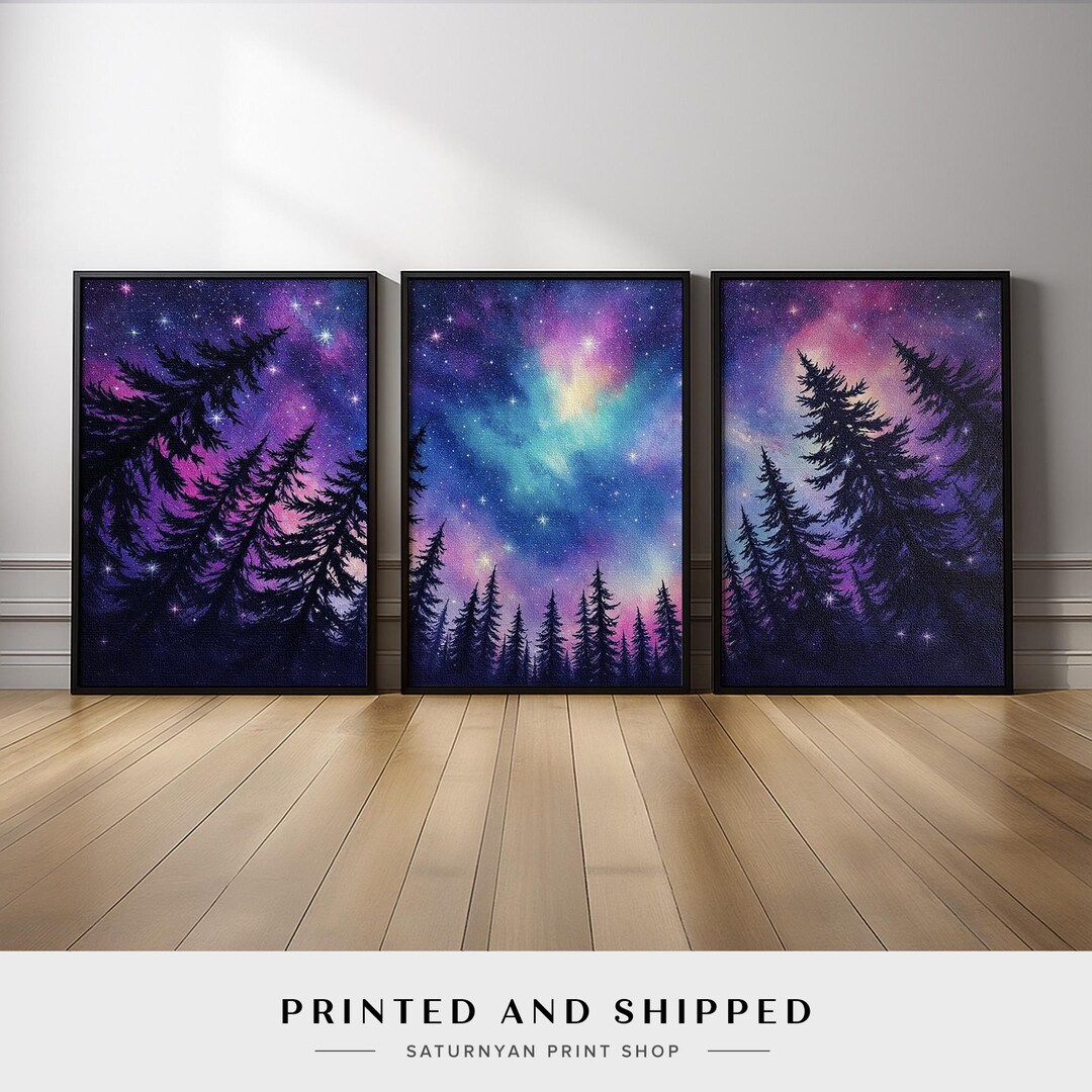 Starry Night Sky Wall Art Set of 3 | Cosmic Forest Triptych With Purple ...