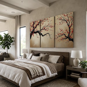 Japanese Cherry Blossom Wall Art, Sakura Tree Triptych, Asian Ink Painting, Zen Home Decor, Floral Canvas Print, Oriental Minimalist Art image 19