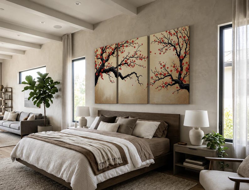 Japanese Cherry Blossom Wall Art, Sakura Tree Triptych, Asian Ink Painting, Zen Home Decor, Floral Canvas Print, Oriental Minimalist Art image 19