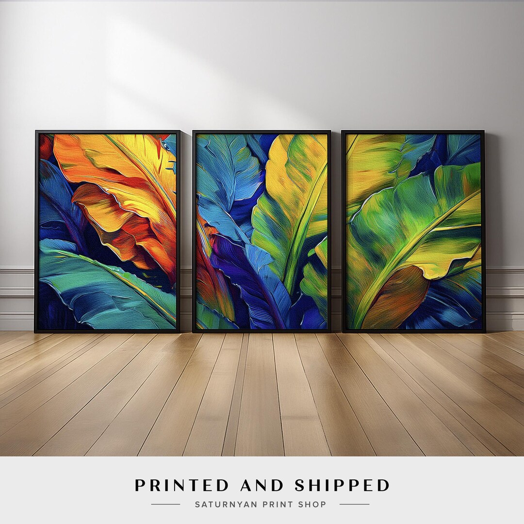 Colorful Tropical Leaf Wall Art Set of 3 | Vibrant Banana Leaves in ...