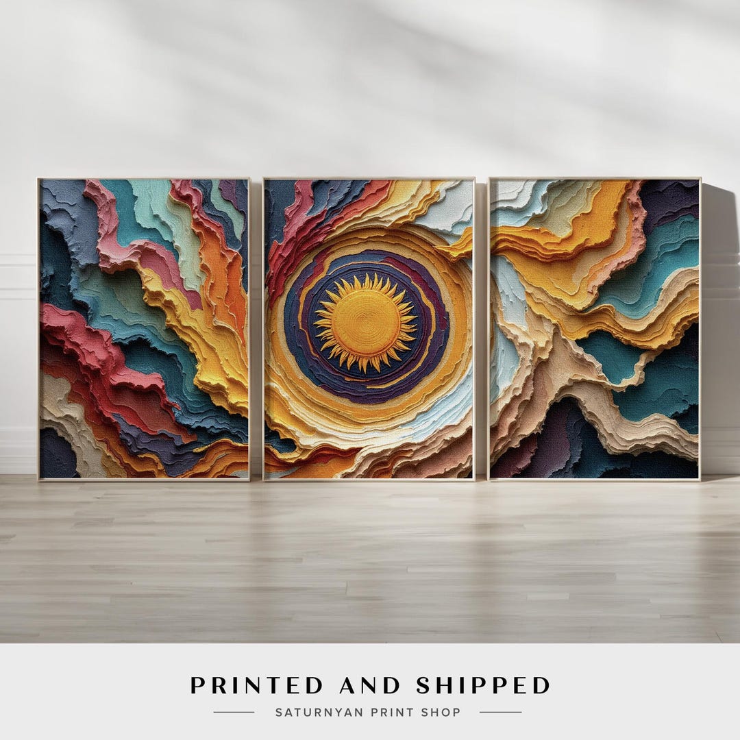 Abstract Sun Wall Art Set of 3 Canvas Prints | Colorful Sunburst ...