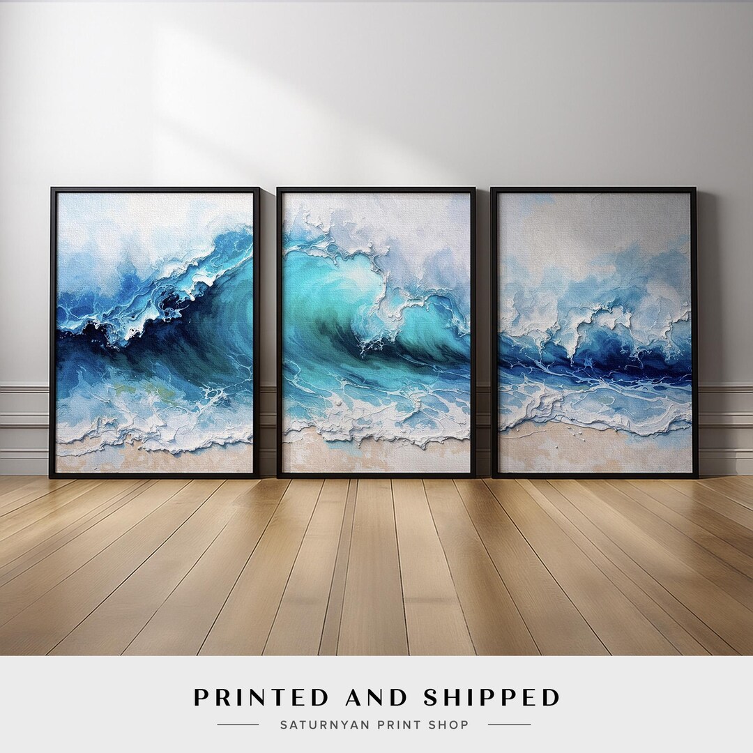 Ocean Wave Abstract Wall Art Set of 3 | Blue Wave Triptych Canvas ...
