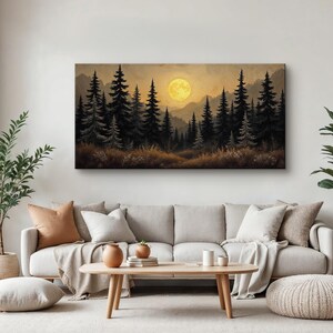 May include: A painting of a forest scene with a large, yellow moon in the sky. The trees are silhouetted against the moon and the sky is a soft, golden color.