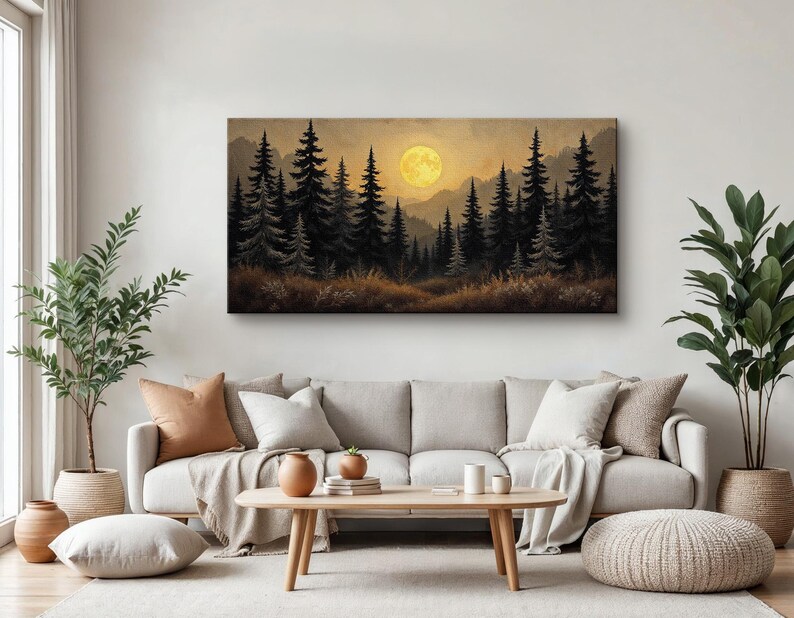 May include: A painting of a forest scene with a large, yellow moon in the sky. The trees are silhouetted against the moon and the sky is a soft, golden color.