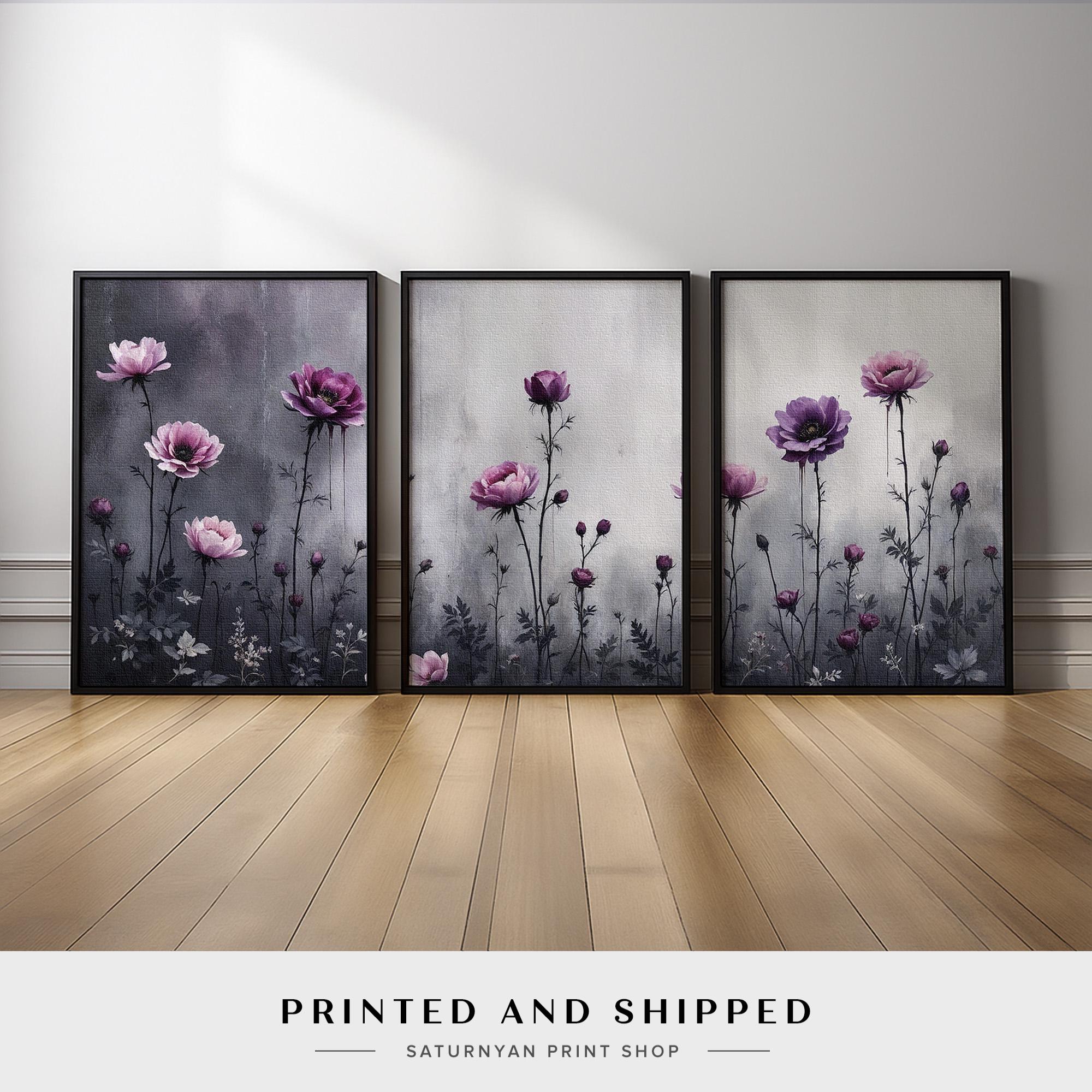 Purple Floral Wall Art Set of 3 | Elegant Modern Flower Canvas Prints ...