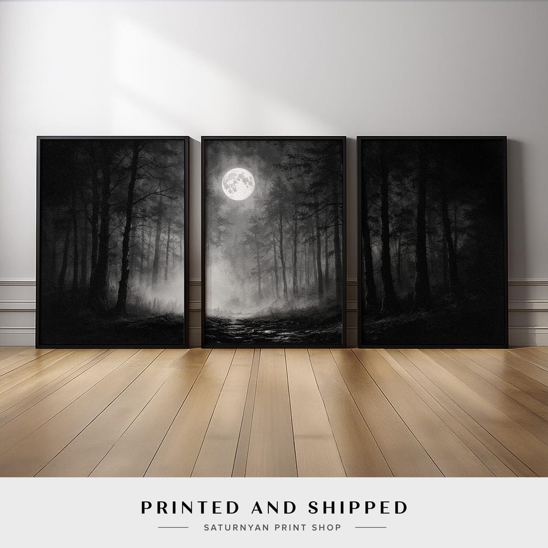 Black and White Forest Wall Art Triptych | Misty Moonlight Landscape ...