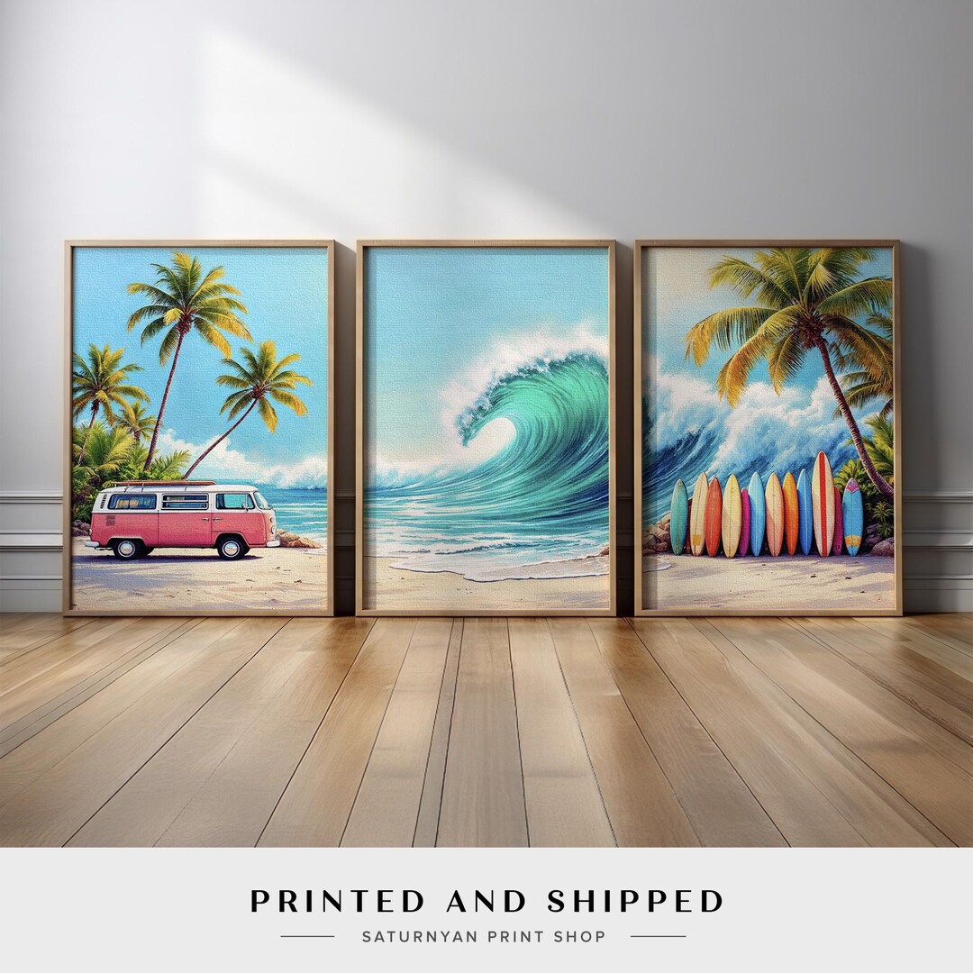 Coastal Wall Art Set of 3 | Surf Ocean Triptych With Rolling Wave, Palm ...
