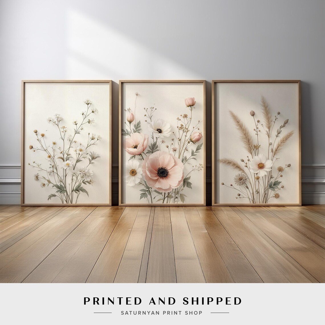 Neutral Elegant Floral Wall Art – Minimalist Beige and Blush Botanical ...