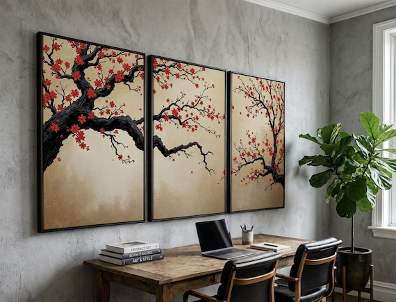 Japanese Cherry Blossom Wall Art, Sakura Tree Triptych, Asian Ink Painting, Zen Home Decor, Floral Canvas Print, Oriental Minimalist Art