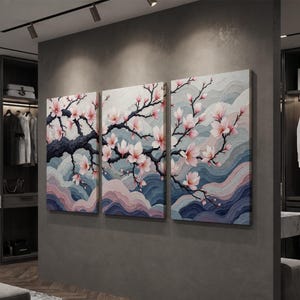 Japanese Cherry Blossom Wall Art Set, Sakura Tree Wall Decor, Elegant Floral Triptych, Zen Meditation Art, Soft Pink Nature Canvas Print bild 15