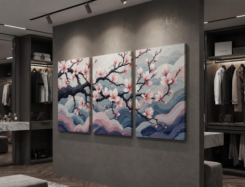 Japanese Cherry Blossom Wall Art Set, Sakura Tree Wall Decor, Elegant Floral Triptych, Zen Meditation Art, Soft Pink Nature Canvas Print bild 15