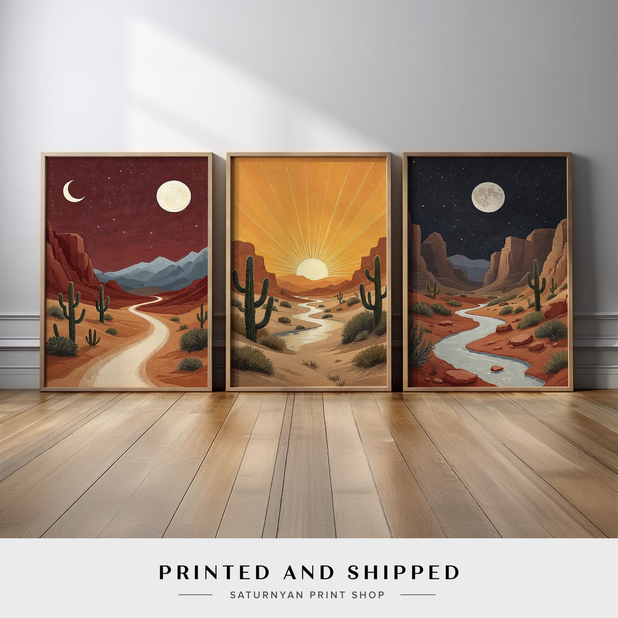 Desert Landscape Wall Art Set of 3 | Cactus Canyon With Sun and Moon ...