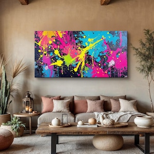 Colorful Splatter Abstract Art, Neon Pop Graffiti Canvas Print, Modern Drip Paint Wall Art, Urban Street Aesthetic, Large Contemporary Art