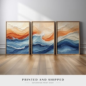 Sunset Ocean Wave Abstract Wall Art | Set of 3 Canvas Prints with Burnt Orange, Navy & Aqua Tones | Beach Vibe Decor for Living Room