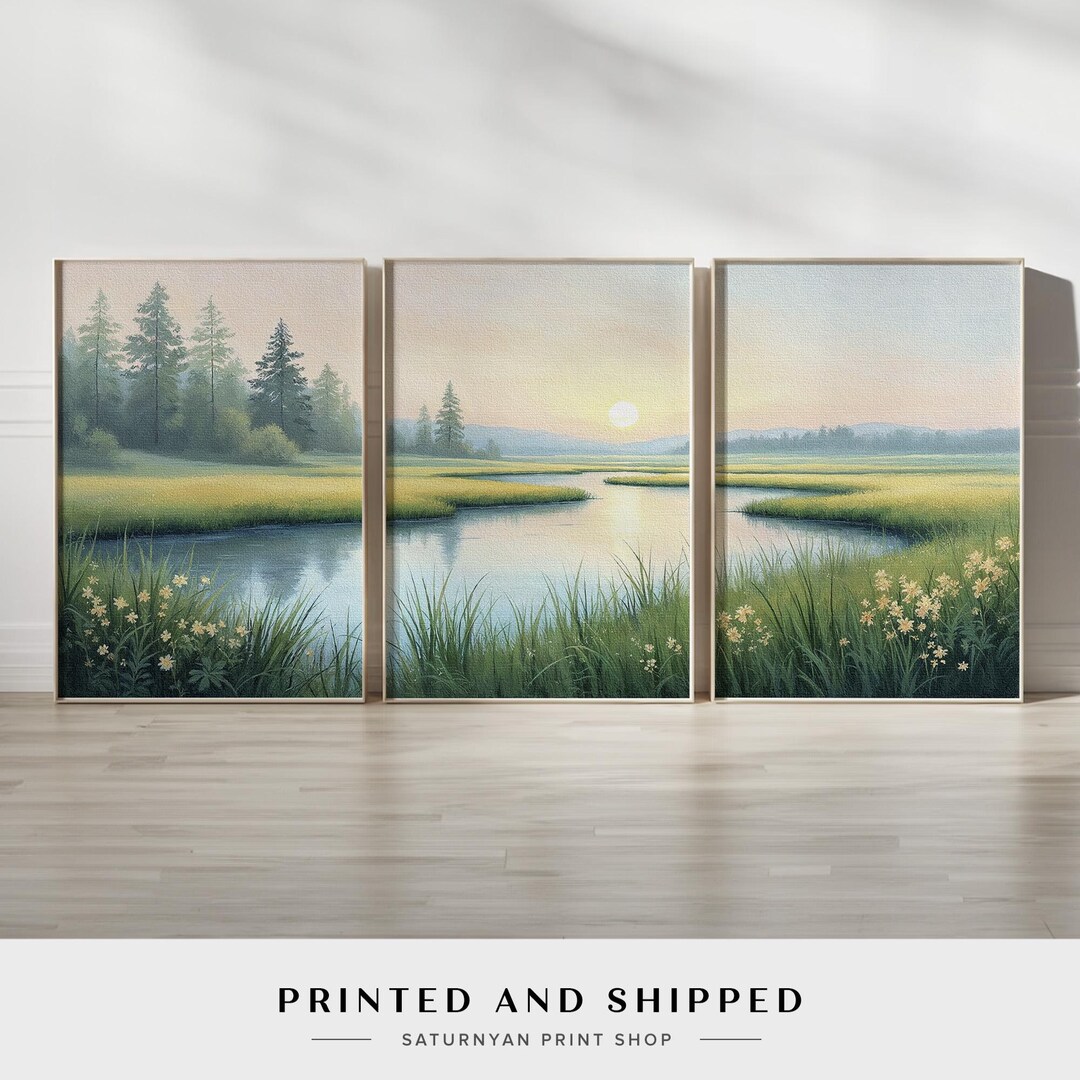 Peaceful Nature Wall Art Set of 3 | Serene River Landscape Canvas ...