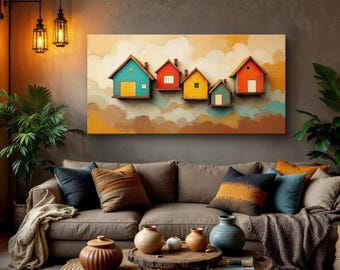 Whimsical Floating Homes Canvas Print, Surreal Colorful House Painting, Cloud Village Wall Art, Dreamlike Home Decor, Fantasy Landscape