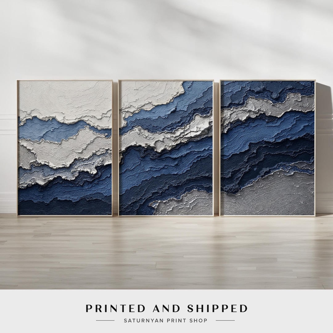 Ocean Wave Inspired Abstract Wall Art Set | Deep Navy Blue, Gray, and ...