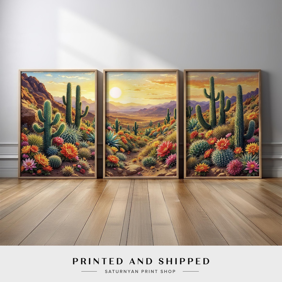 Sunset Desert Cactus Landscape Wall Art | Set of 3 Vibrant Triptych ...