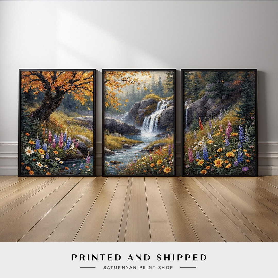 Waterfall Landscape Wall Art Set of 3 | Mountain Stream and Wildflower ...