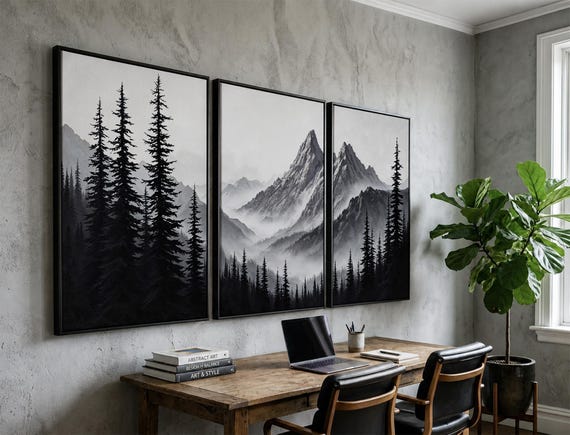 Black and White Mountain Wall Art Set of 3 | Misty Pine Tree