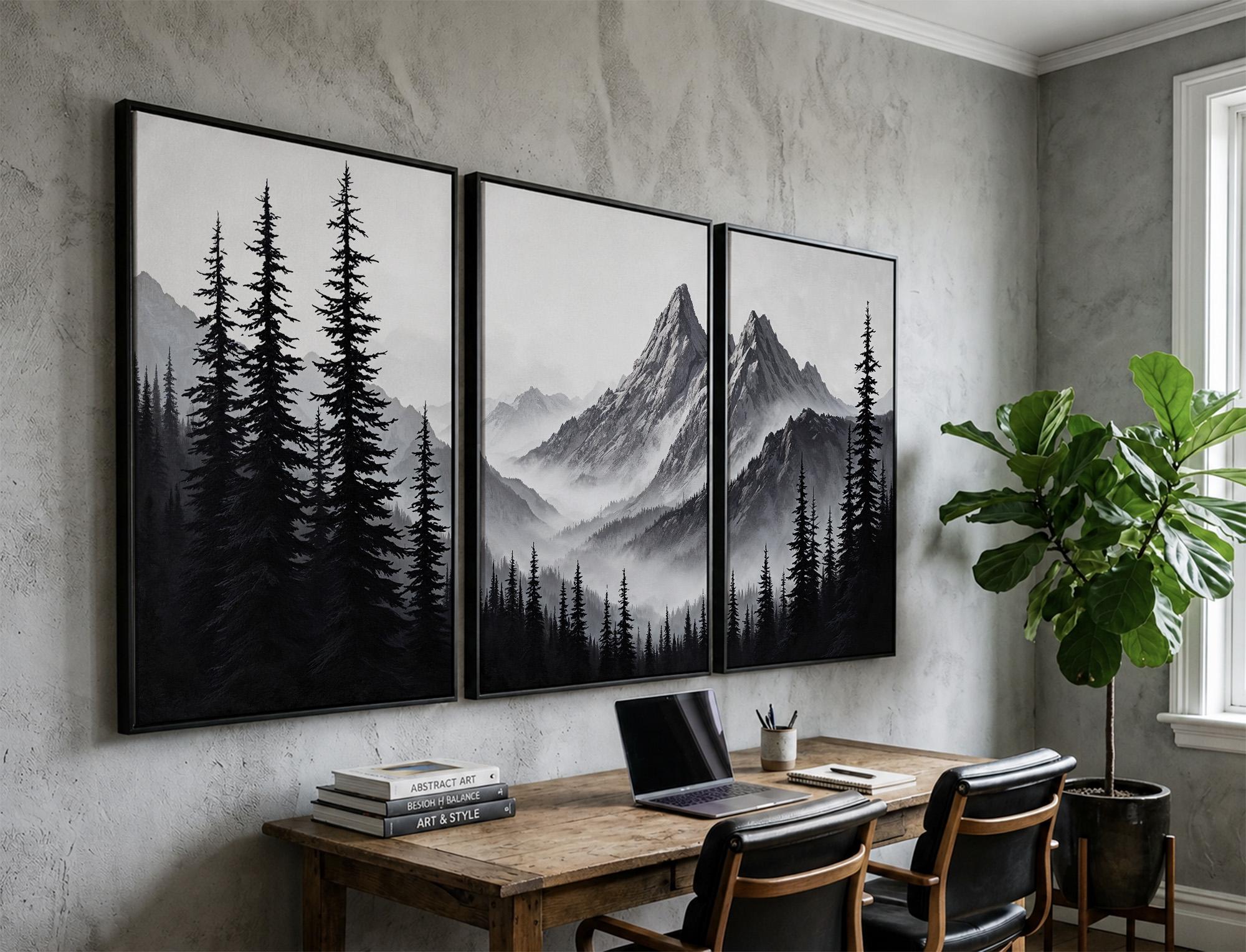 Black and White Mountain Wall Art Set of 3 | Misty Pine Tree