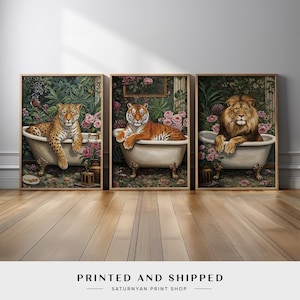 Whimsical Animal Bathtub Wall Art Set | Leopard, Tiger, & Lion Relaxing in Lush Floral Garden Canvas Print | Statement Art for Modern Home