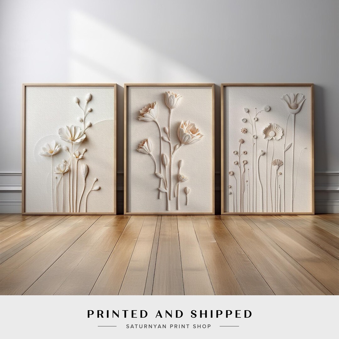 Neutral Botanical Wall Art Set of 3 | Minimalist Floral Triptych for ...