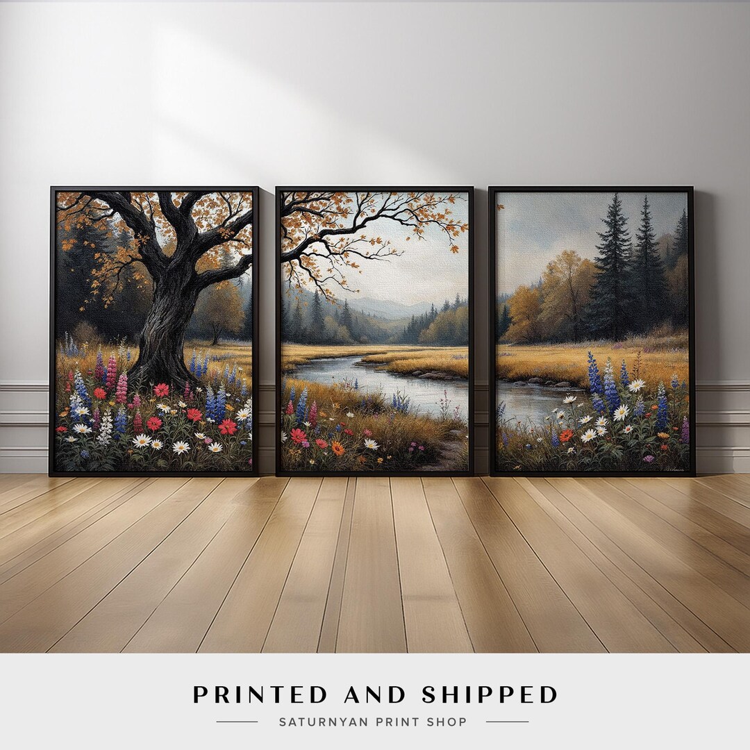 Autumn Landscape Wall Art Set of 3 | River and Forest Canvas Prints ...