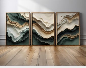 Earthy Green and Beige Abstract Wall Art Set of 3 | Canyon Inspired Flowing Wave Canvas Prints | Modern Rustic Boho Wall Decor