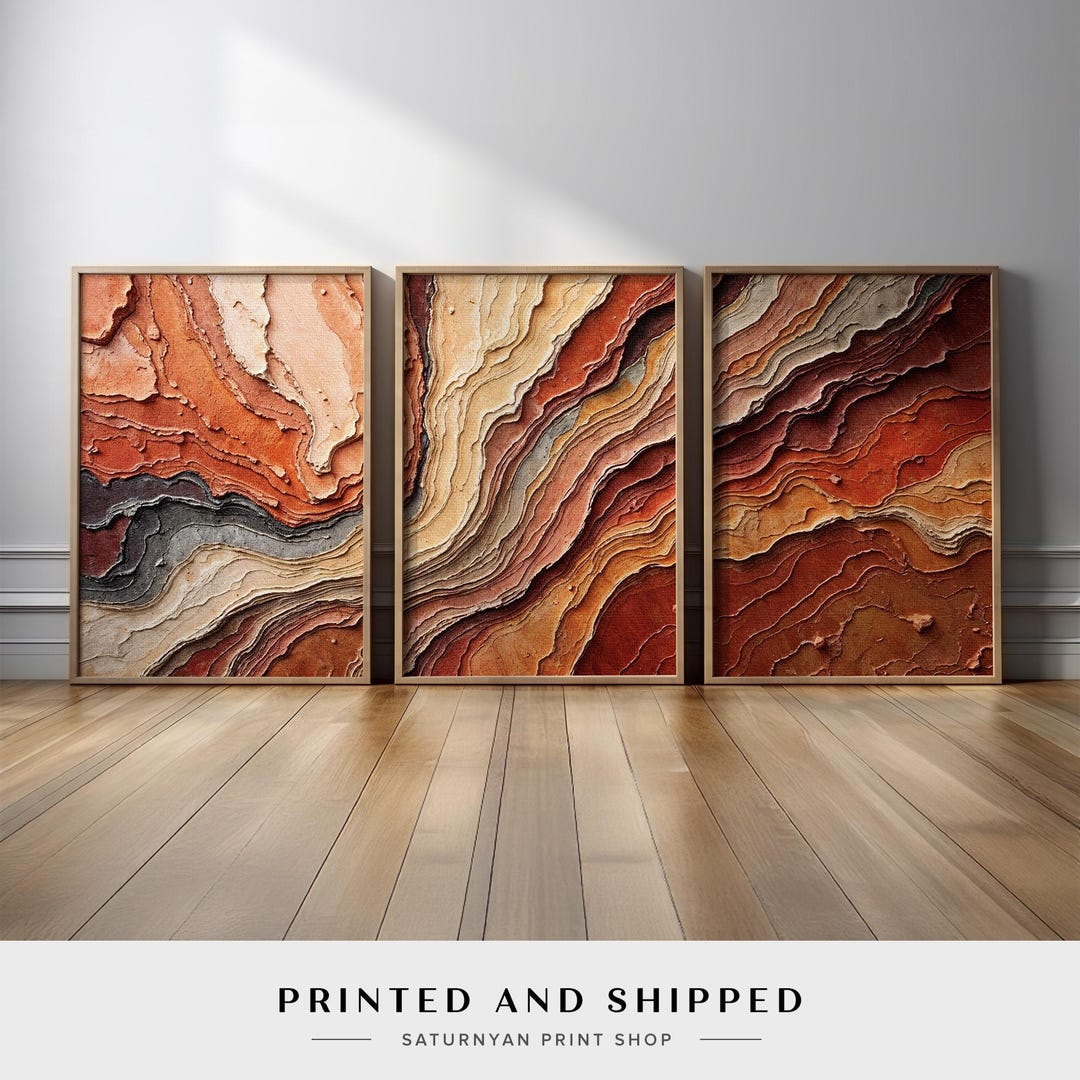 Earth Tone Abstract Wall Art Triptych | Layered Geological-inspired in