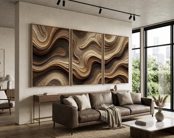Neutral Abstract Wall Art Set of 3 | Flowing Layered Wave Triptych in Warm Earth Tones | Luxury Modern Wall Decor Canvas Prints