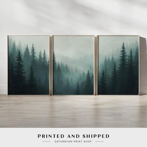 Moody Forest Wall Art | Set of 3 Misty Pine Tree Canvas Prints | Dark Green and Gray Tones for Modern Home Decor | Nature-Inspired Spaces