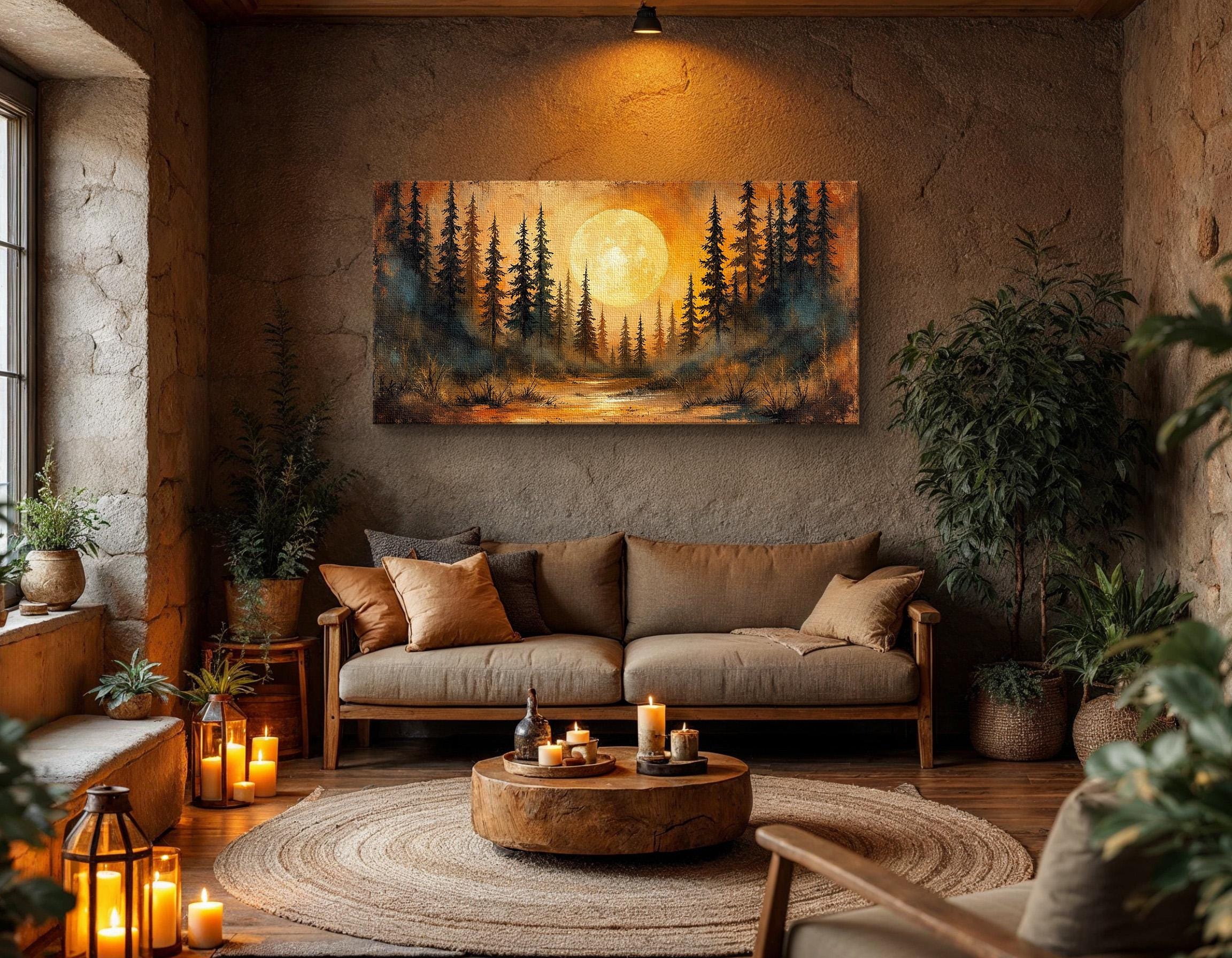 Moody Forest Landscape Wall Art, Full Moon Over Pine Trees Painting ...