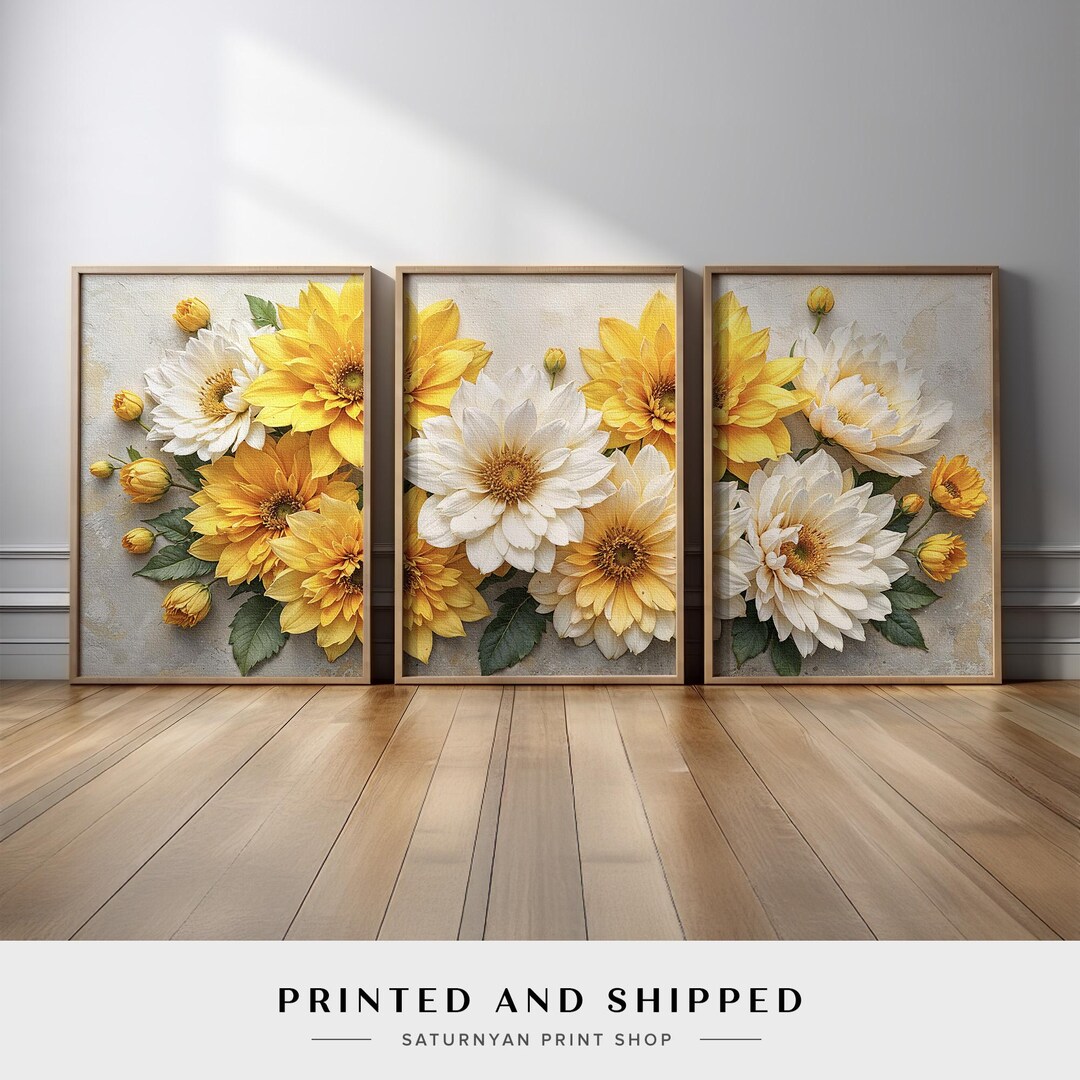 Farmhouse Floral Wall Art Triptych | Yellow Flower and White Bloom ...
