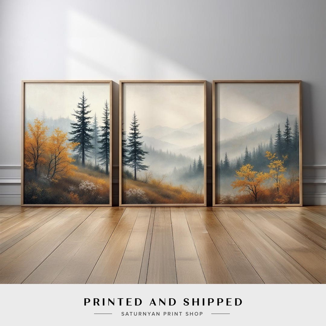 Golden Autumn Mountain Landscape Wall Art Set of 3 | Misty Pine Tree ...