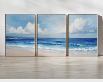 Coastal Beach Wall Art Set of 3 | Ocean Wave Triptych with Blue Sea and Sky | Tranquil Seaside Canvas Prints for Nautical or Coastal Decor