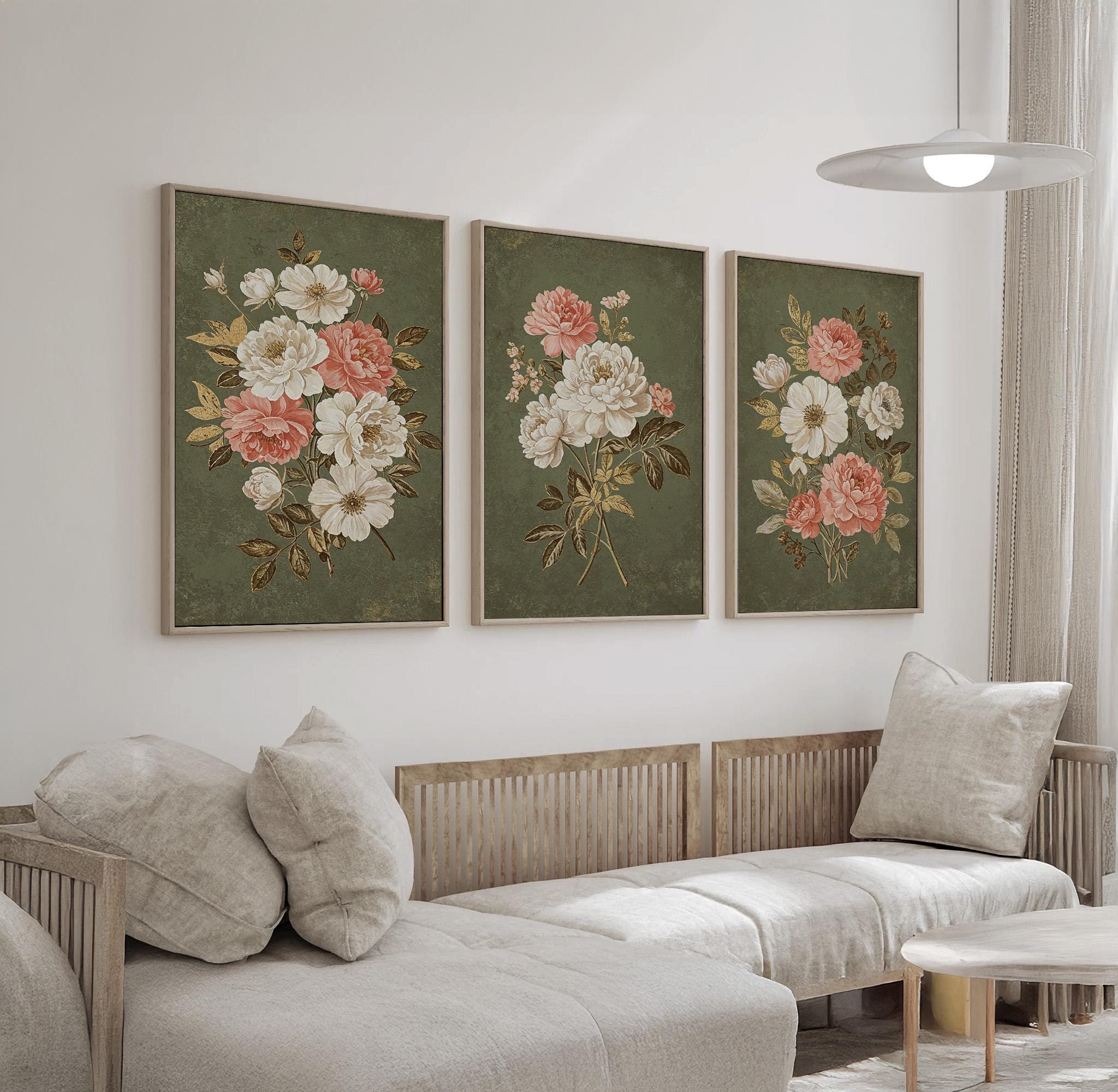 Vintage Floral Triptych Wall Art | Elegant Botanical Set of 3 With ...