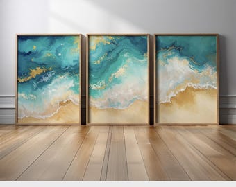 Ocean Wave Wall Art Set of 3 | Turquoise Blue & Gold Beach Poster or Canvas Prints | Coastal Beach Decor for Living Room or Bedroom