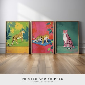 Set of 3 Vibrant Leopard Wall Art | Bold and Colorful Jungle-Inspired Canvas Prints with Playful Pink and Green Tones for Modern Home Decor image 1