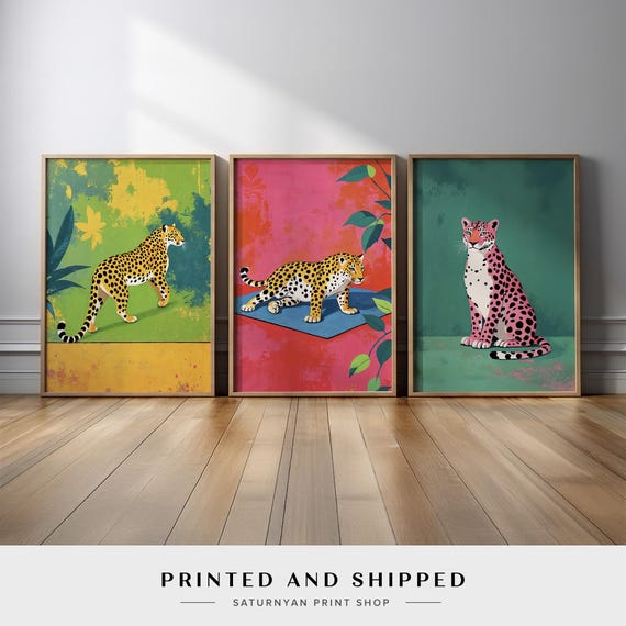 Set of 3 Vibrant Leopard Wall Art | Bold and Colorful Jungle-Inspired Canvas Prints with Playful Pink and Green Tones for Modern Home Decor