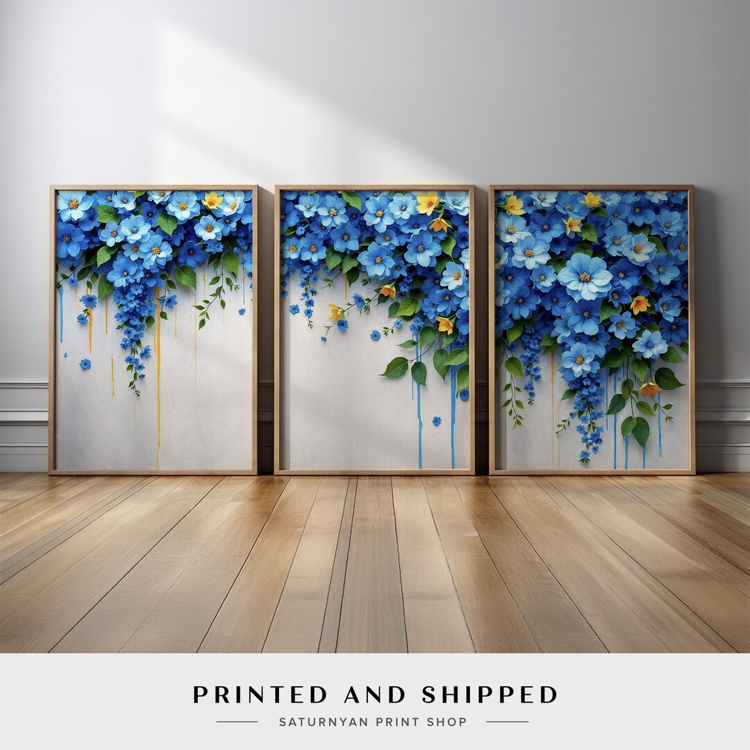 Blue Floral Cascade Triptych Wall Art | Set of 3 Elegant Botanical ...