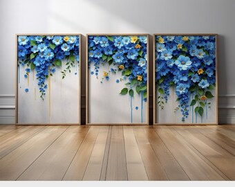 Blue Floral Cascade Triptych Wall Art | Set of 3 Elegant Botanical Canvas Prints with Hanging Blooms and Leaves | Modern Interiors Decor