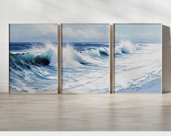Seascape Wall Art Set of 3 | Ocean Waves Crashing Canvas Prints | Coastal Nautical Beach House Triptych Wall Decor