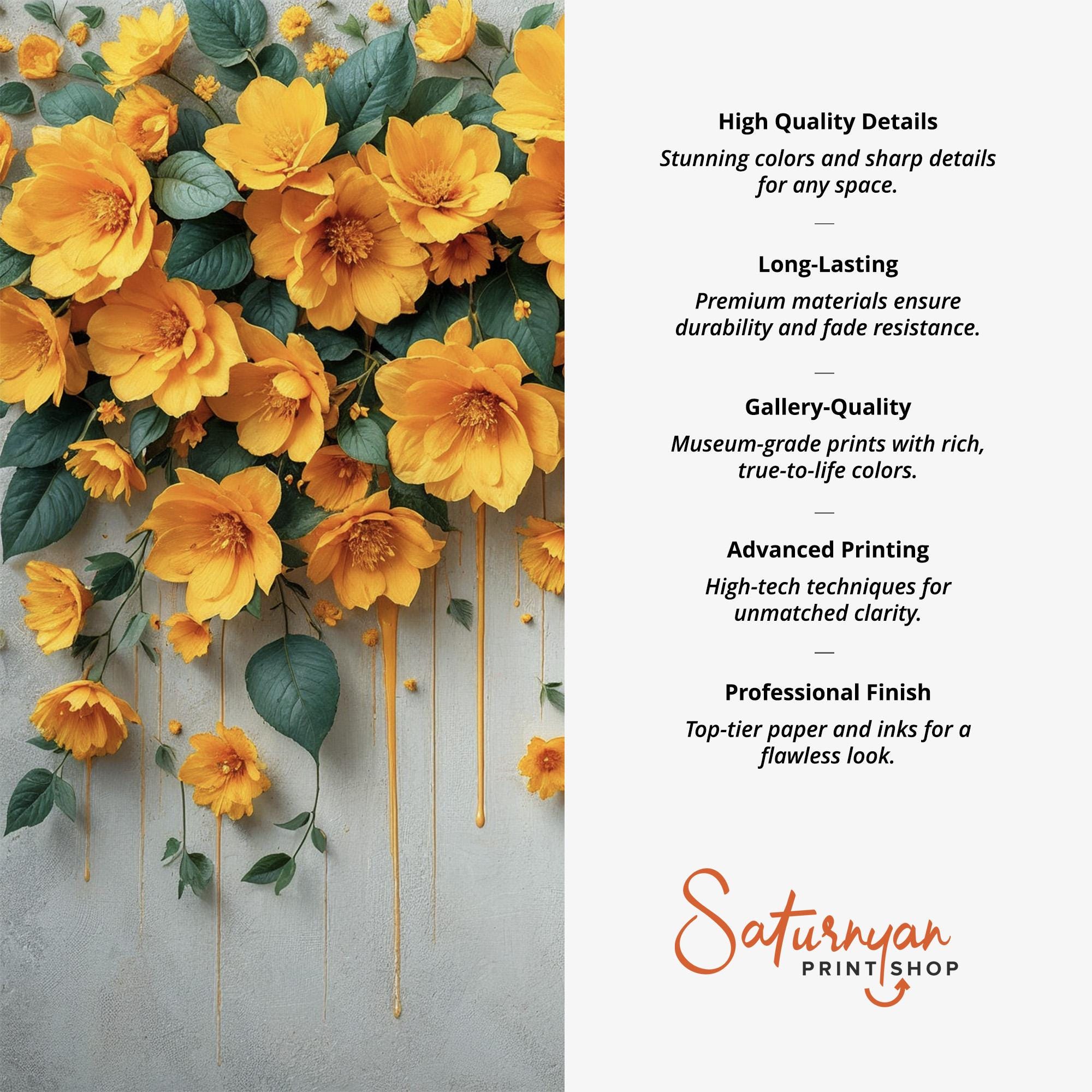 Yellow Floral Wall Art | Set of 3 Cascading Bloom Canvas Prints ...