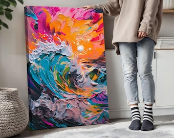 Pintura abstracta de olas del océano, arte mural costero colorido, decoración playera para el hogar, arte mural de playa, lámina artística de olas del océano, decoración de pared con pintura marina