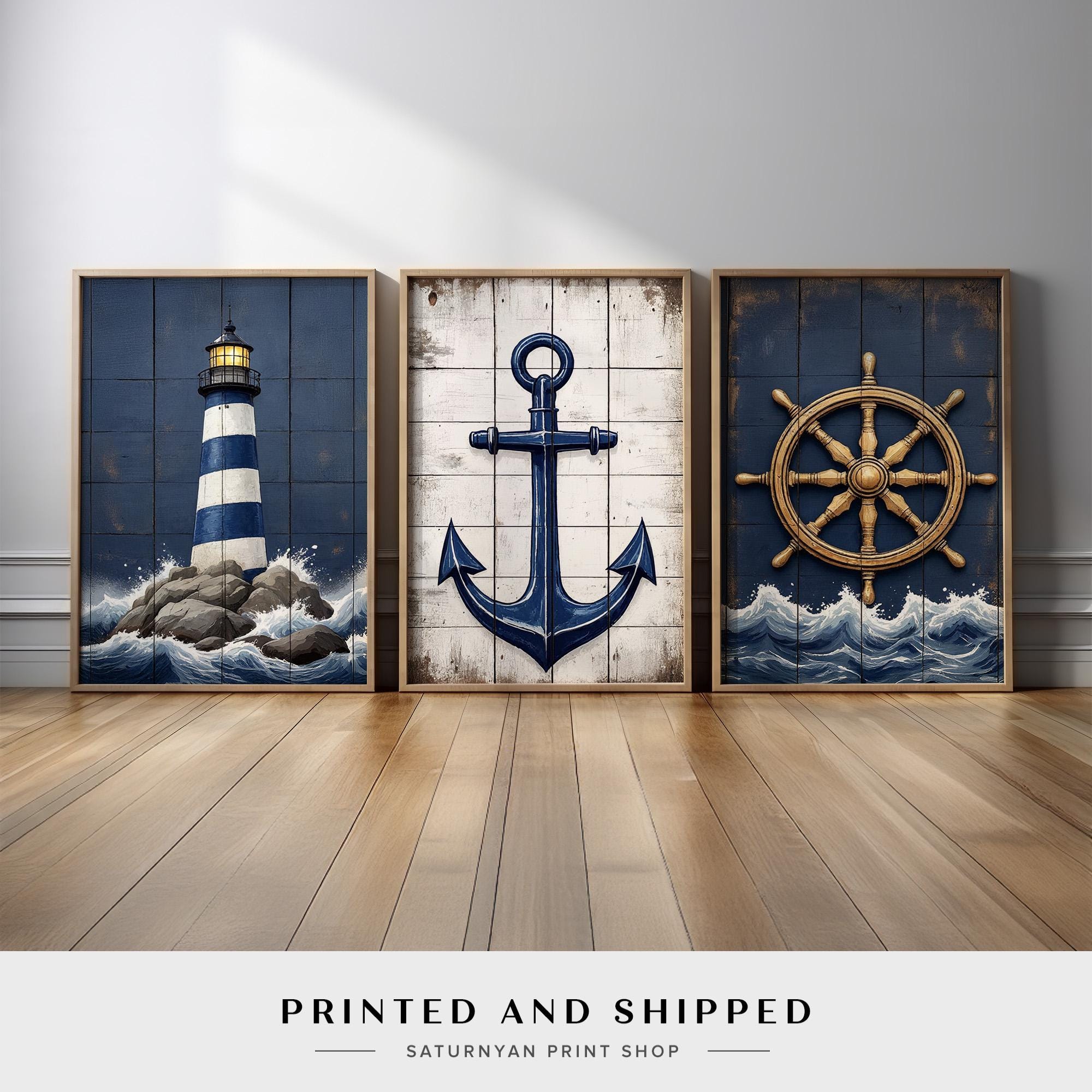 Coastal Nautical Wall Art Set of 3 | Rustic Lighthouse, Anchor, and ...